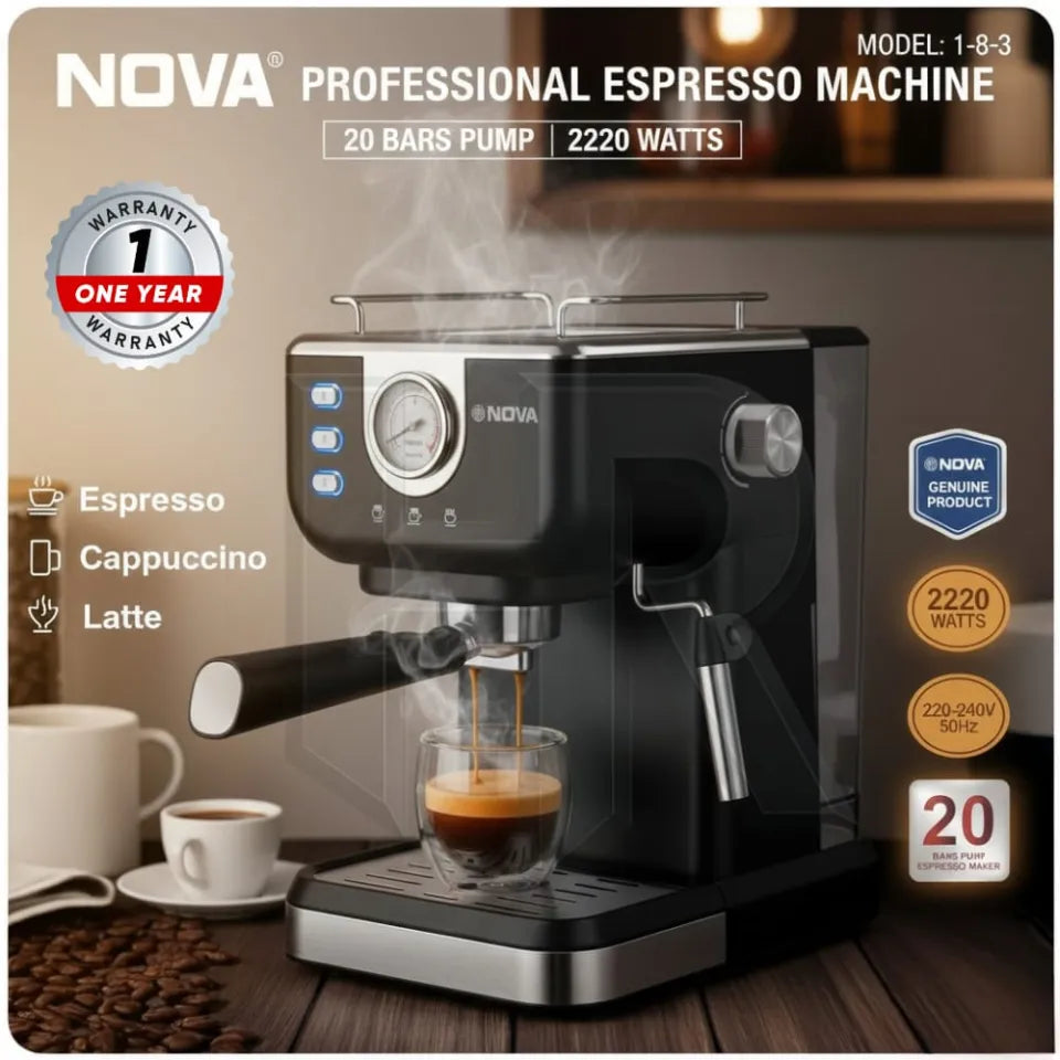Nova Espresso Coffee Machine 20 Bar Stainless Steel Espresso Maker with Milk Frother Steam Wand 2 In 1 - Smart Gate