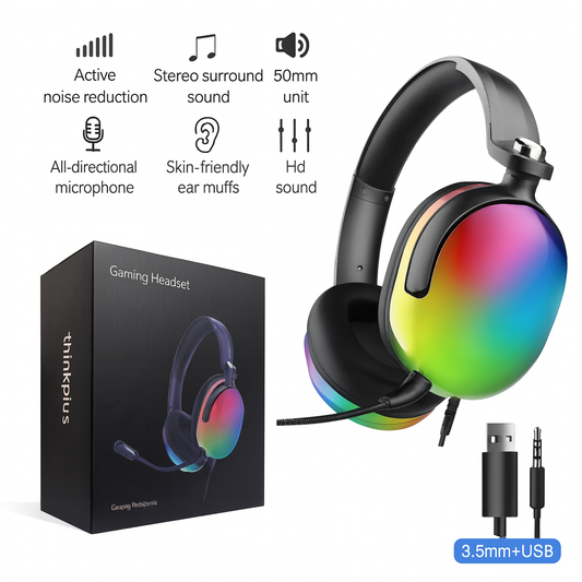 Lenovo ThinkPlus G86A RGB Wired Gaming Headset with Microphone – 3.5mm + USB, Surround Sound, Noise Reduction