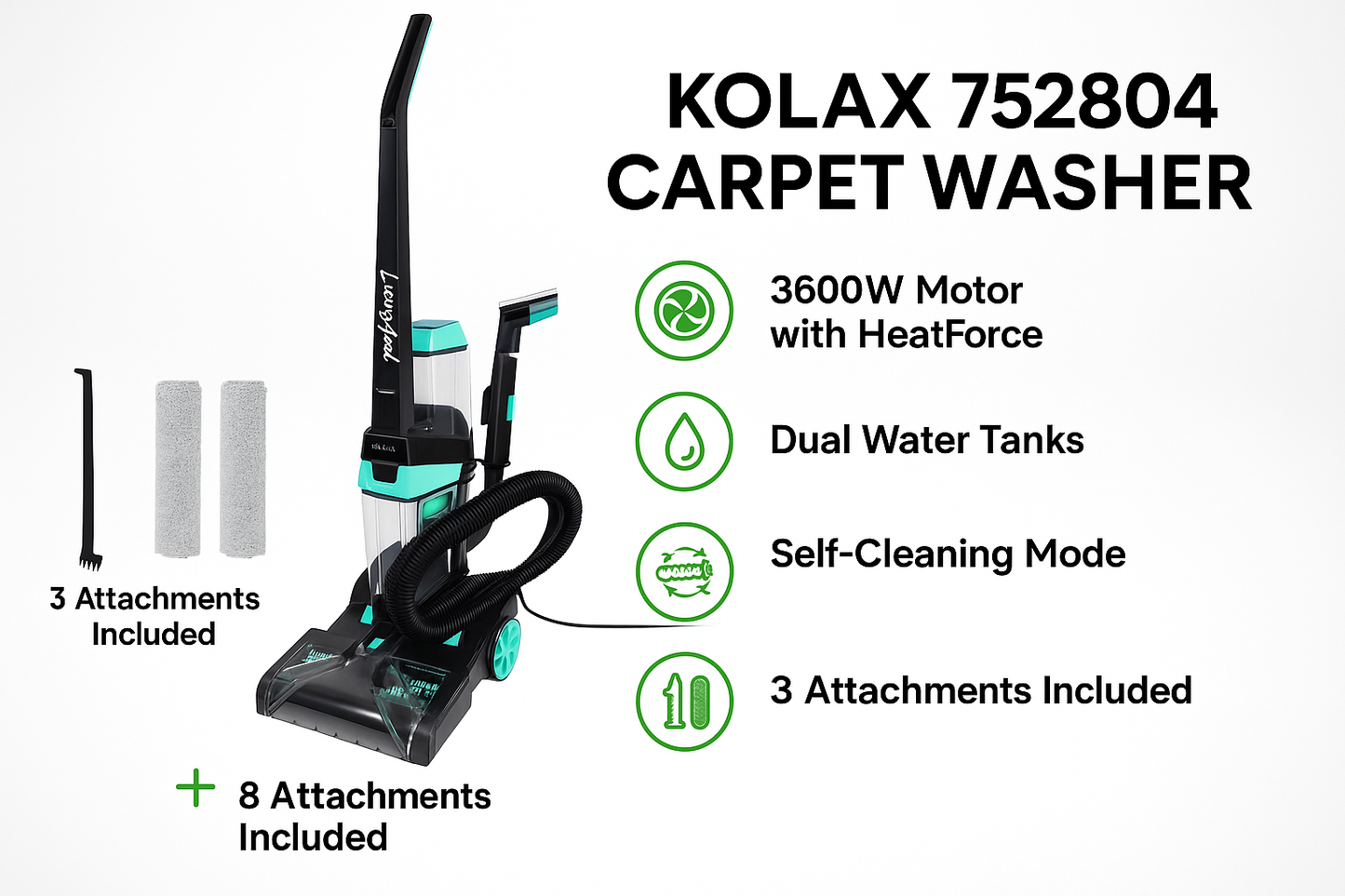 KOLAX 752804 Carpet Washer – Upright Carpet Cleaner with Dual Water Tanks, 3 Attachments & Self-Cleaning Mode