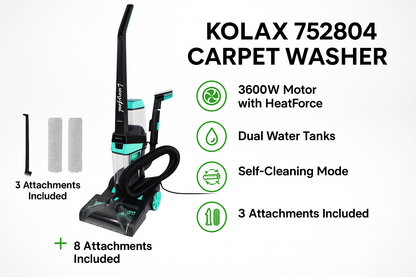 KOLAX 752804 Carpet Washer – Upright Carpet Cleaner with Dual Water Tanks, 3 Attachments & Self-Cleaning Mode