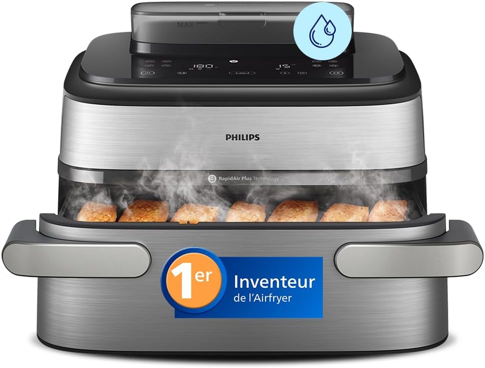 Philips Airfryer Series 5000 Flexible Basket with Removable Divider - Air fryer 9.5L in Megabasket or 3+6L in Double Basket, 28 Cooking Modes, Steam, RapidAir+, Auto SteamClean (NA565/00)