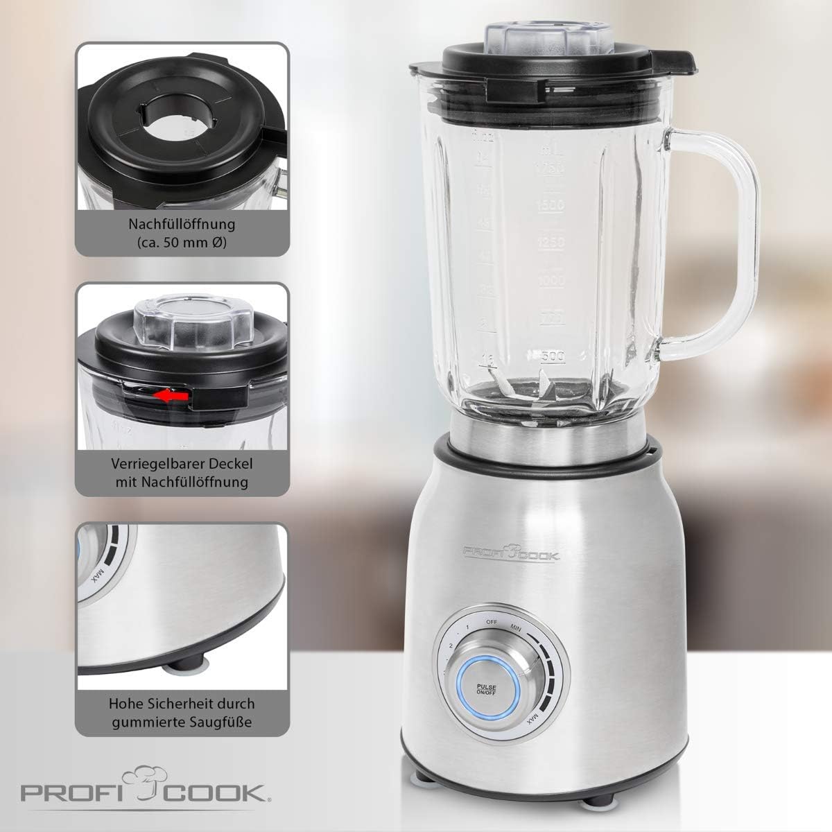 ProfiCook PC-UM 1207 Universal Mixer | 3 Levels | 1.75 Litre Glass Container | 1200 Watt