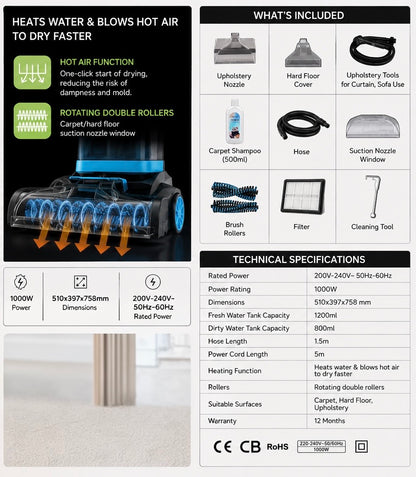 Super Crest SCT-1042 Carpet & Upholstery Cleaner 800W – Wet Vacuum with Heating Function & Rotating Brushes & Dual Water Tanks