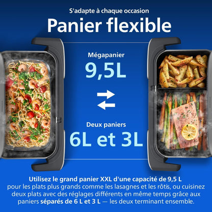 Philips Airfryer Series 5000 Flexible Basket with Removable Divider - Air fryer 9.5L in Megabasket or 3+6L in Double Basket, 28 Cooking Modes, Steam, RapidAir+, Auto SteamClean (NA565/00)