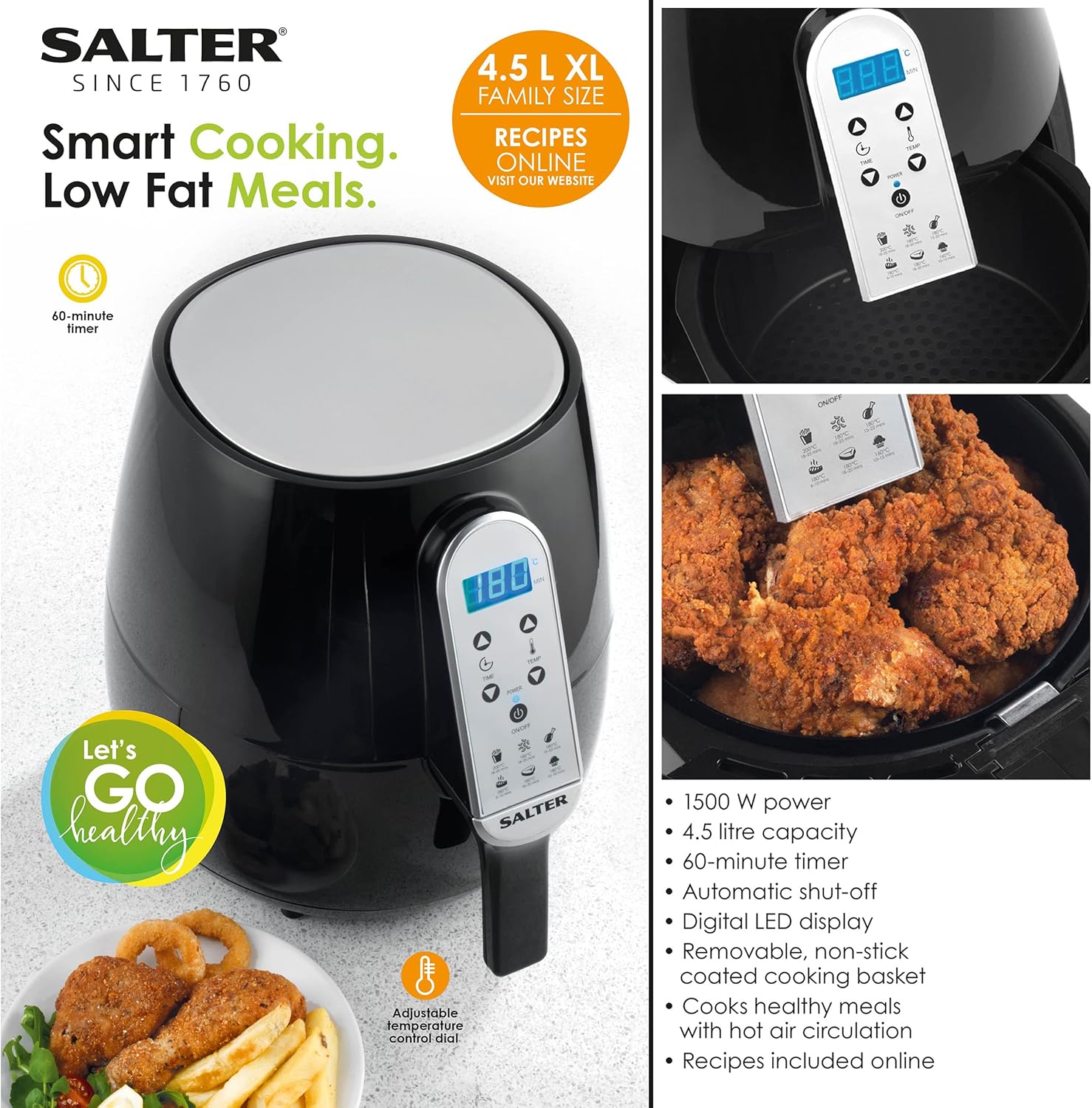 Salter EK2559 XL Hot Non-Stick Basket, Light Touch Digital Display, Compact Air Fryer - SmartGatelb