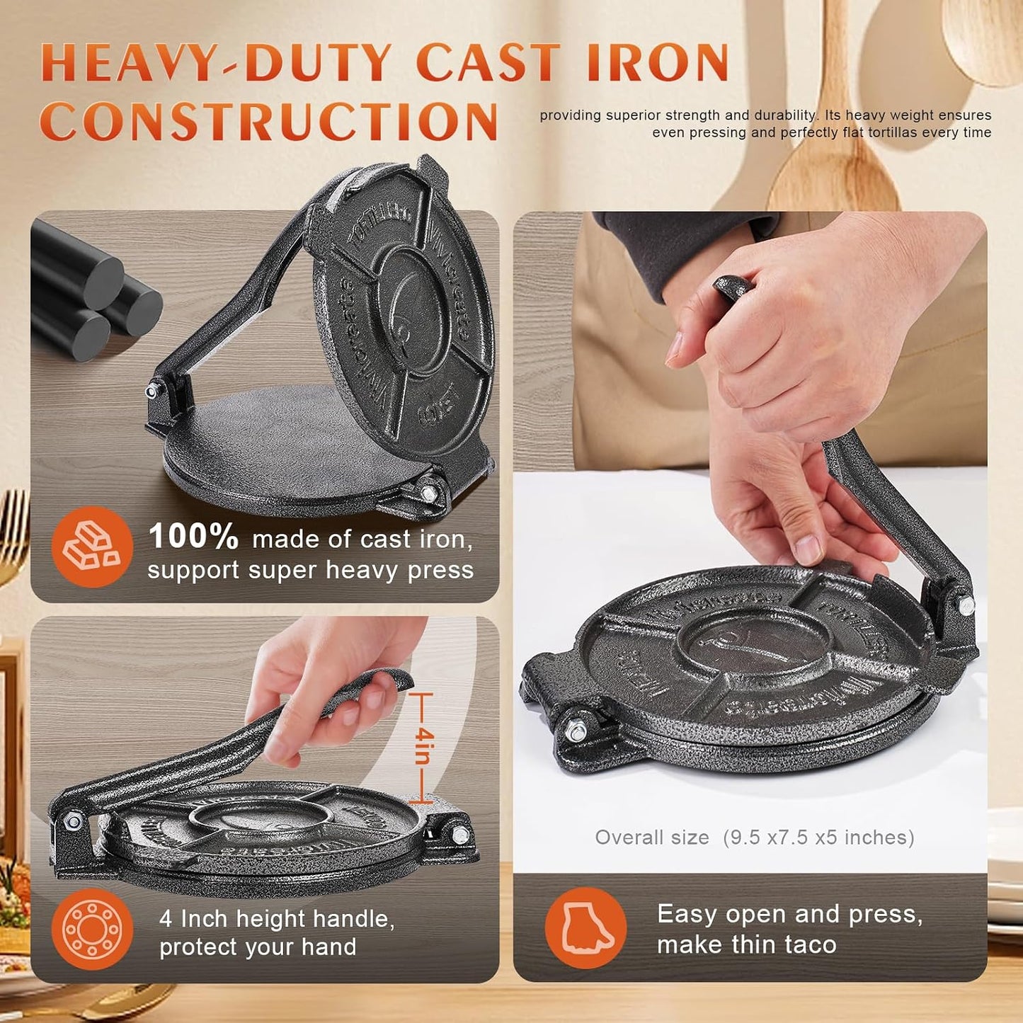 Vivicreate 8-Inch Cast Iron Tortilla Press – Heavy Duty Manual Dough Press for Tortillas, Roti, Chapati & Quesadillas