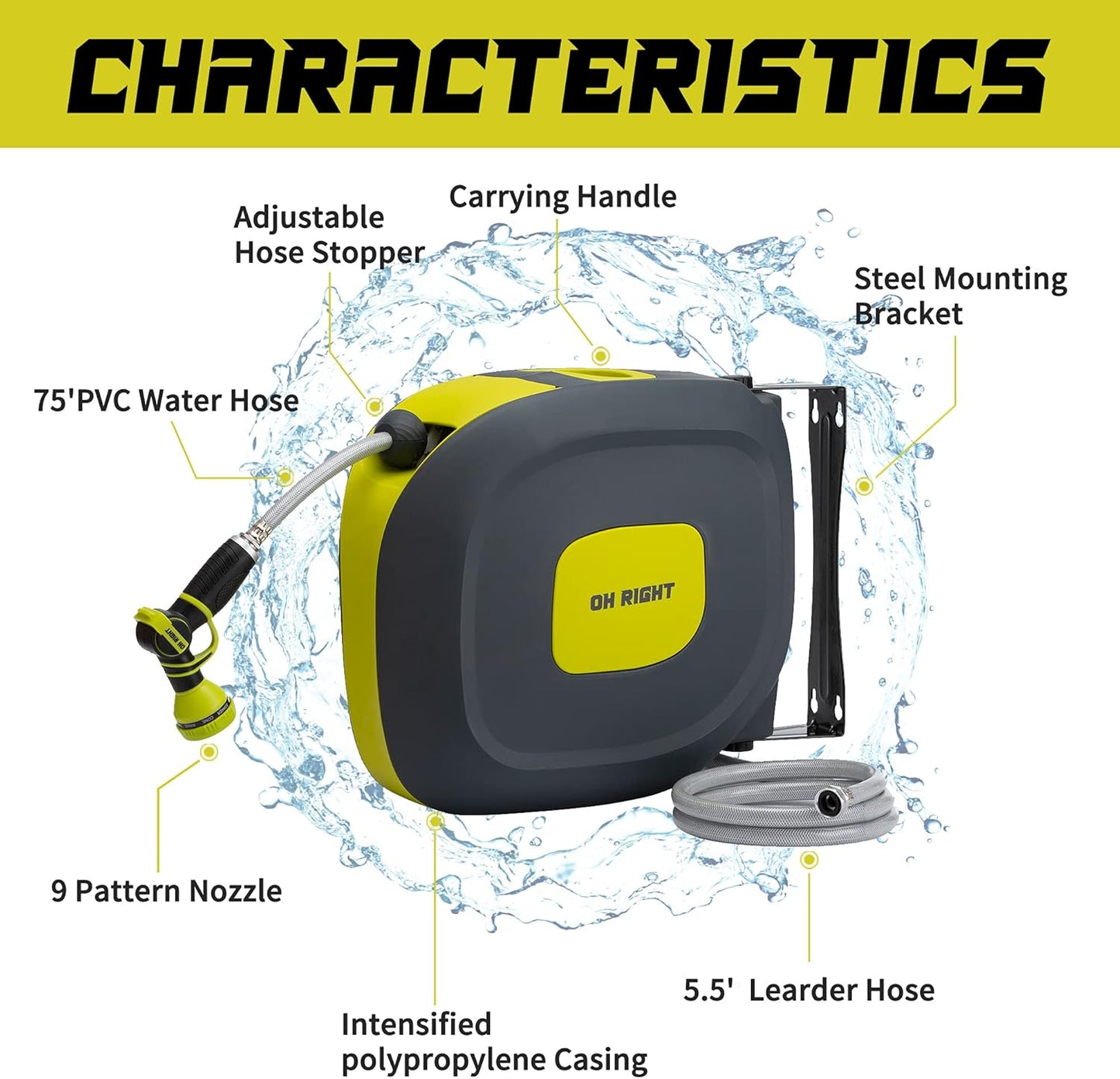 Retractable Garden Hose Reel 75ft – Wall Mounted Auto Rewind Water Hose with 9 Spray Nozzle - Smart Gate