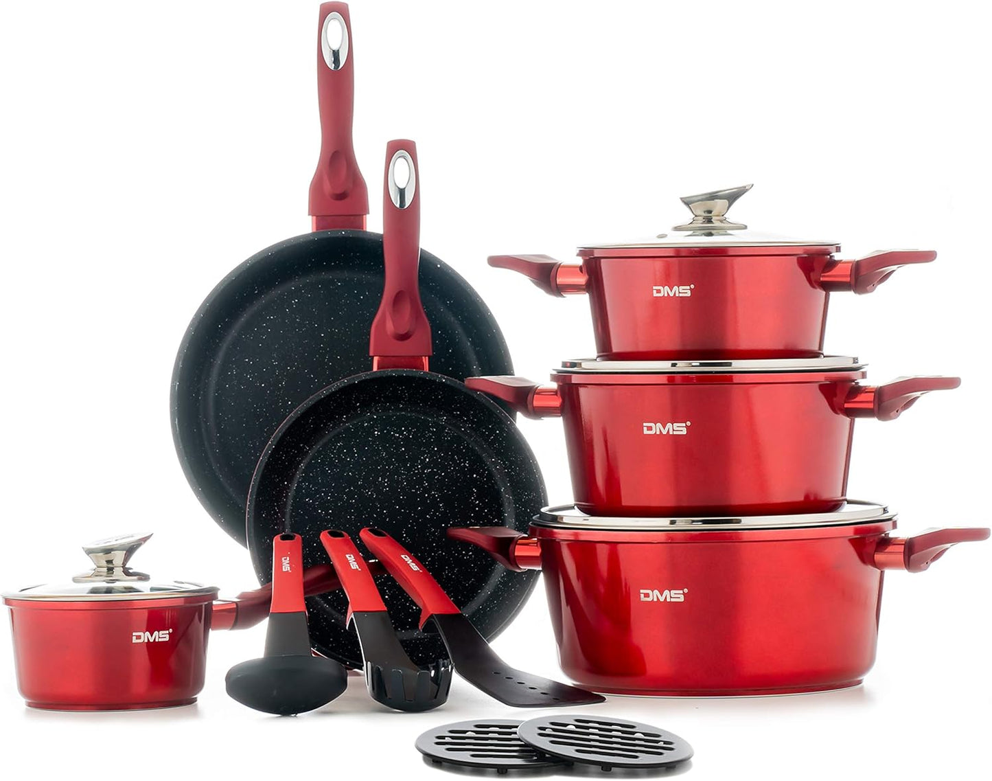 DMS 15-Piece Induction Cookware Cooking Set , Aluminium, Marble Coating, Dishwasher Safe - SmartGatelb