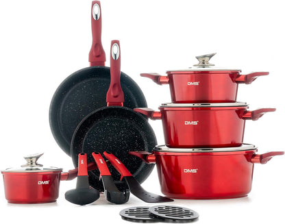 DMS 15-Piece Induction Cookware Cooking Set , Aluminium, Marble Coating, Dishwasher Safe - SmartGatelb