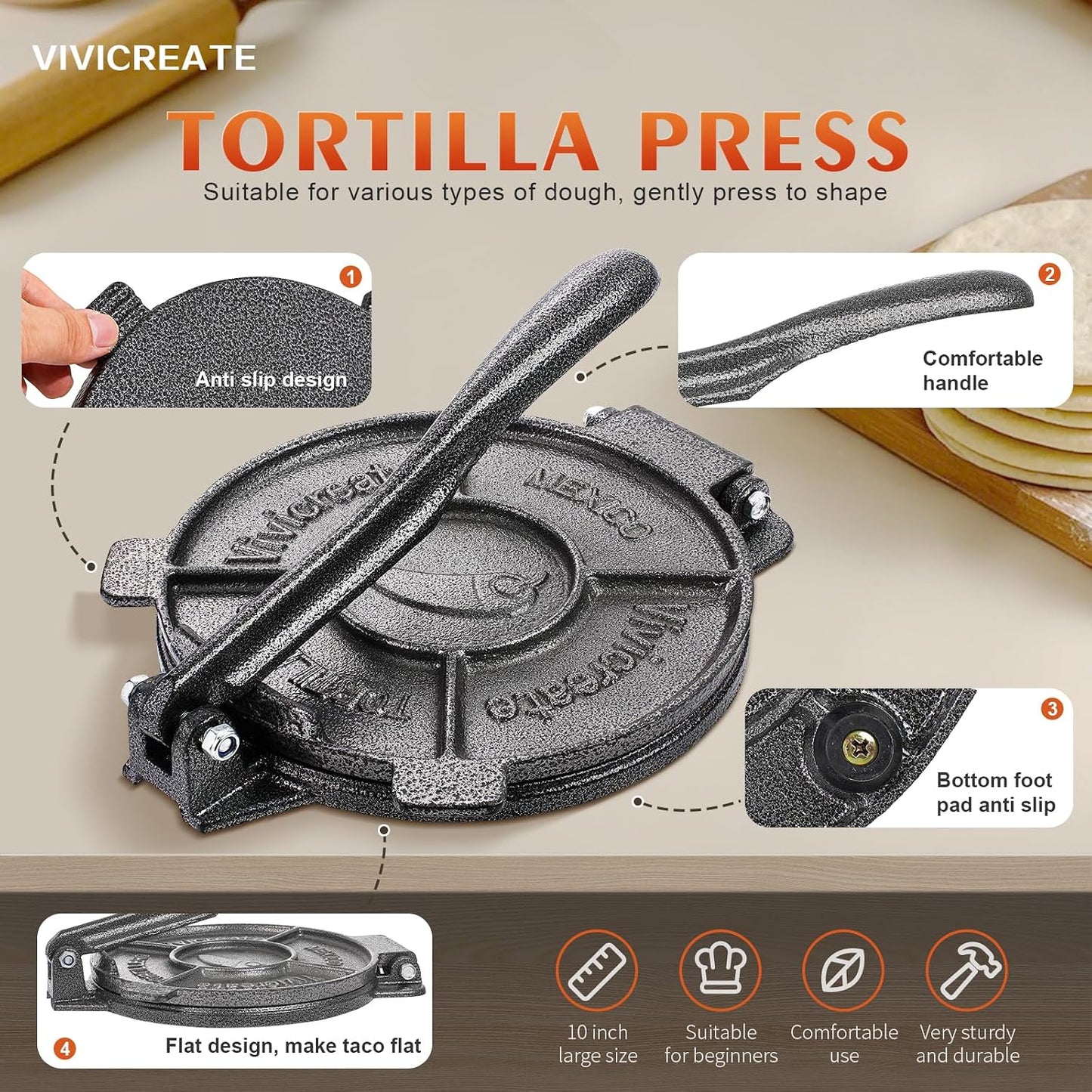Vivicreate 8-Inch Cast Iron Tortilla Press – Heavy Duty Manual Dough Press for Tortillas, Roti, Chapati & Quesadillas