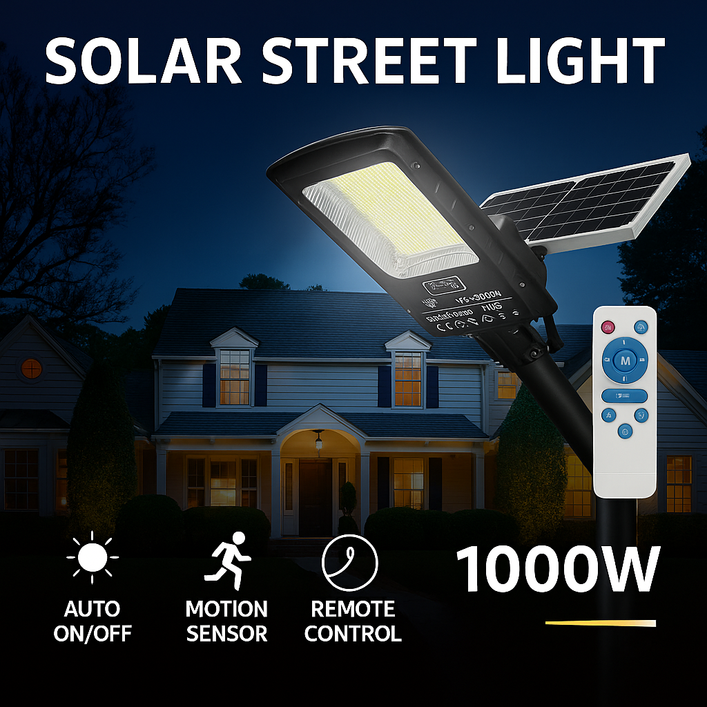 1000W Solar Street Light with Motion Sensor &amp; Remote Control - SmartGatelb
