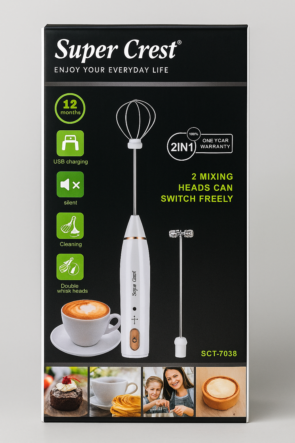 Super Crest SCT-7038 Rechargeable Milk Frother – 2-in-1 Whisk & Mixer - SmartGatelb