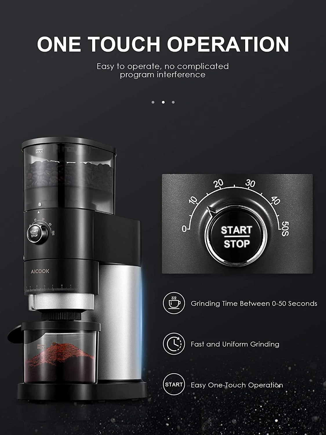 AICOOK Electric Conical Burr Coffee Grinder, 42 Precise Grind Settings, One Touch with 50S Grinding, Easy to Clean, Matte Black - SmartGatelb