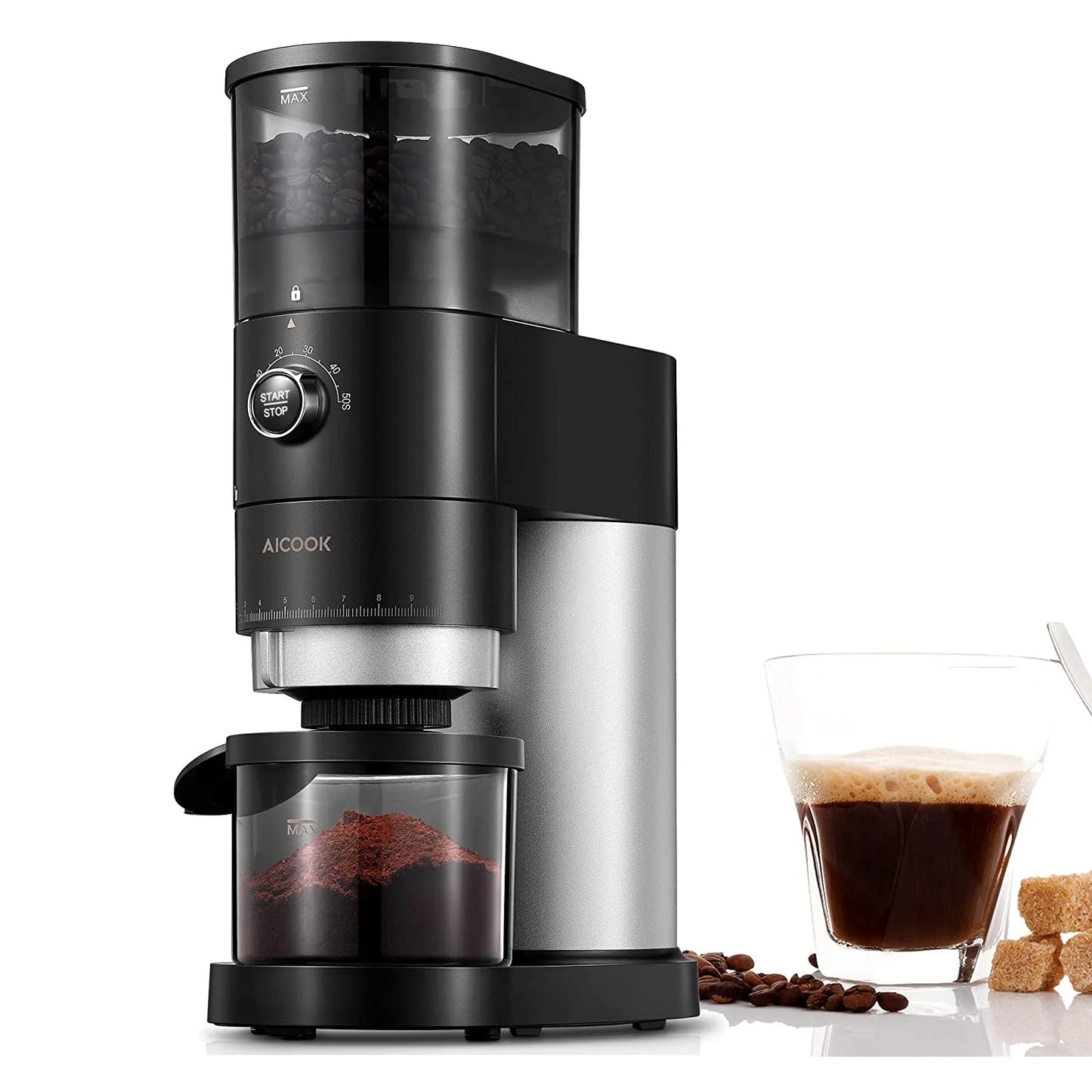 AICOOK Electric Conical Burr Coffee Grinder, 42 Precise Grind Settings, One Touch with 50S Grinding, Easy to Clean, Matte Black - SmartGatelb