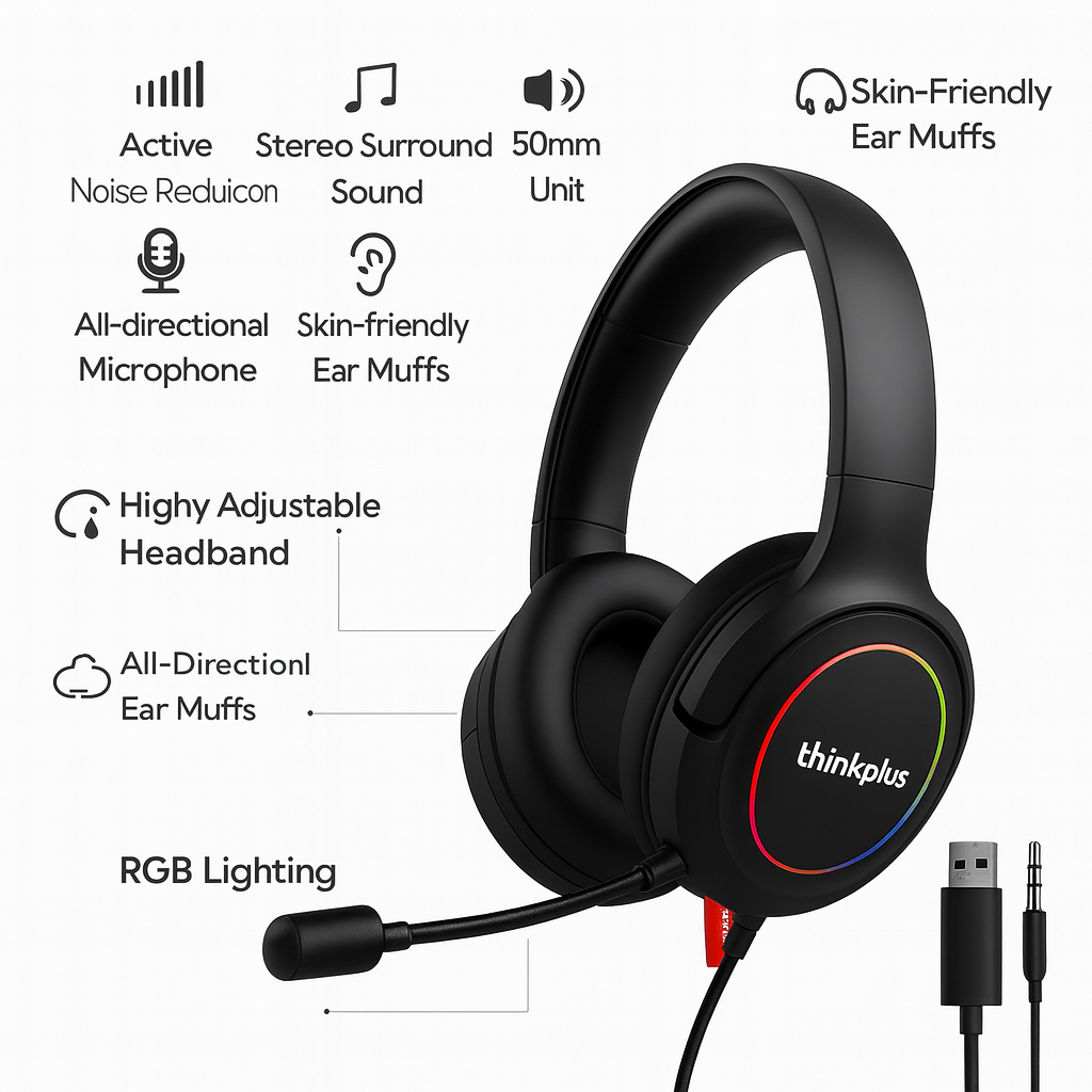 Lenovo ThinkPlus RGB Gaming Headset – Immersive Sound, Pro-Level Comfort