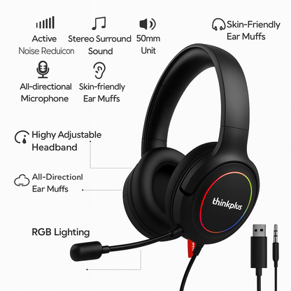 Lenovo ThinkPlus RGB Gaming Headset – Immersive Sound, Pro-Level Comfort