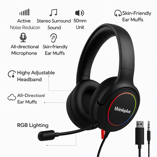 Lenovo ThinkPlus RGB Gaming Headset – Immersive Sound, Pro-Level Comfort