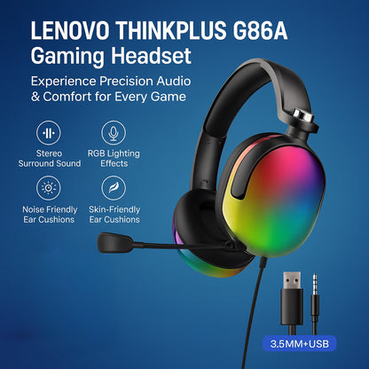 Lenovo ThinkPlus G86A RGB Wired Gaming Headset with Microphone – 3.5mm + USB, Surround Sound, Noise Reduction