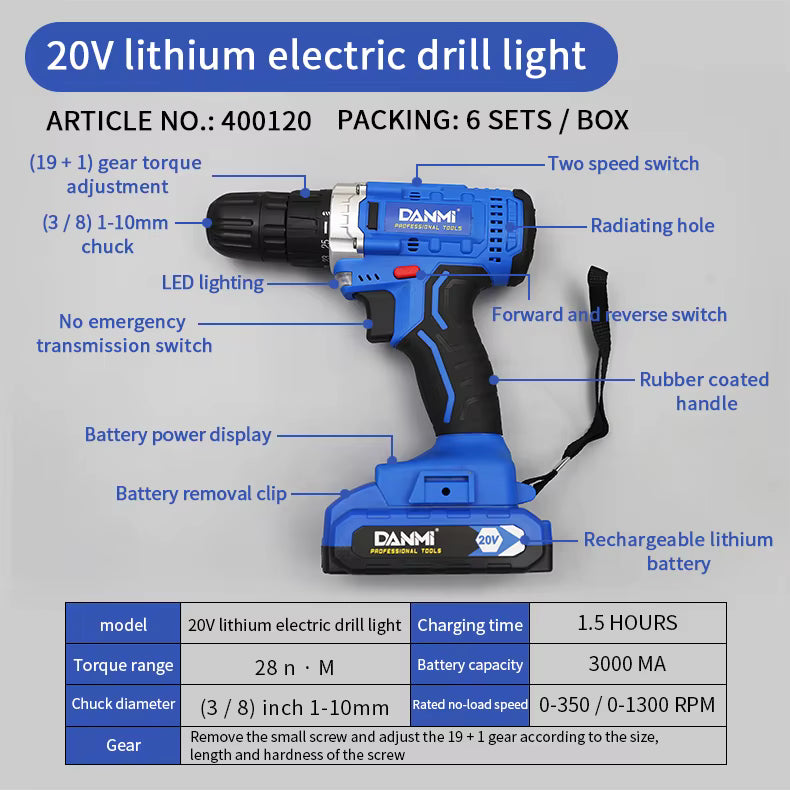 DANMI 20V Cordless Lithium Electric Drill – Model 400120 (2 Batteries Included) - SmartGatelb