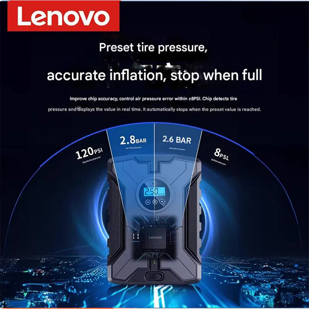 Lenovo Portable Car Tire Inflator 12V – Air Pump with Digital Gauge & LED Light - Smart Gate