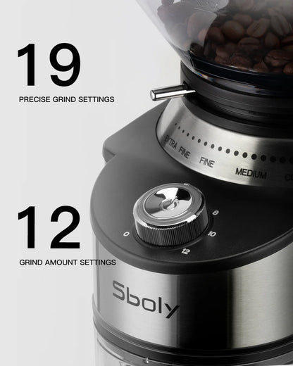 Sboly Coffee Grinder Stainless Steel Adjustable Burr Mill with 19 Precise Grind Setting - SmartGatelb