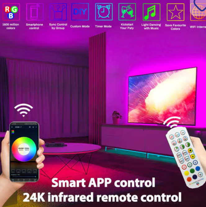 RiXME 5m LED Strip Lights RGB With Voice and Music Sync APP & Remote Control 24-Volt With WIFI - SmartGatelb