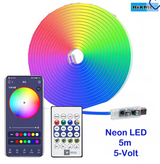 RiXME 5m RGB Neon LED Strip Music Sync Color Changing with Remote Control 5-Volt - SmartGatelb