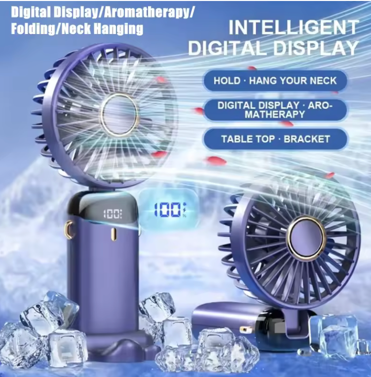 USB Rechargeable Foldable Mini Fan with LED Display – 5-Speed, 90° Adjustable, Neck Hanging & Desktop Use – Model N15B - SmartGatelb