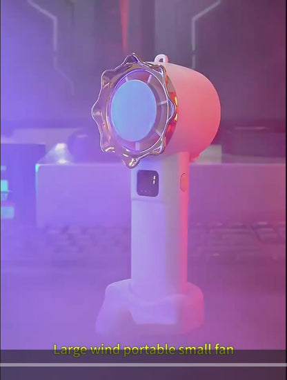 2400mAh Foldable USB Rechargeable Mini Handheld Fan – With Phone Stand, Neck Strap & Display Screen – Ideal for Car, Travel & Outdoor Use